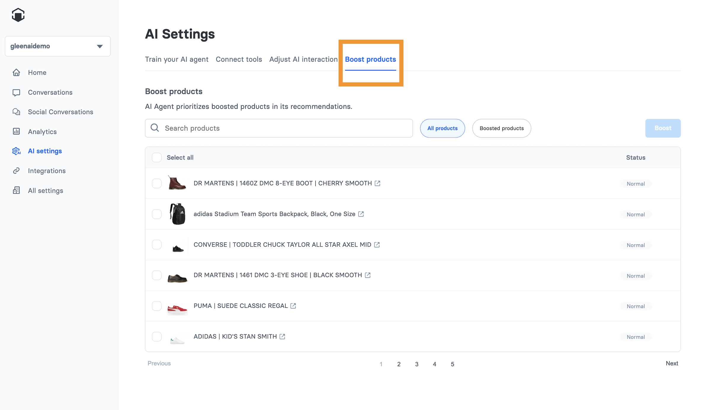 Navigating to AI Settings and then Boost Product screen