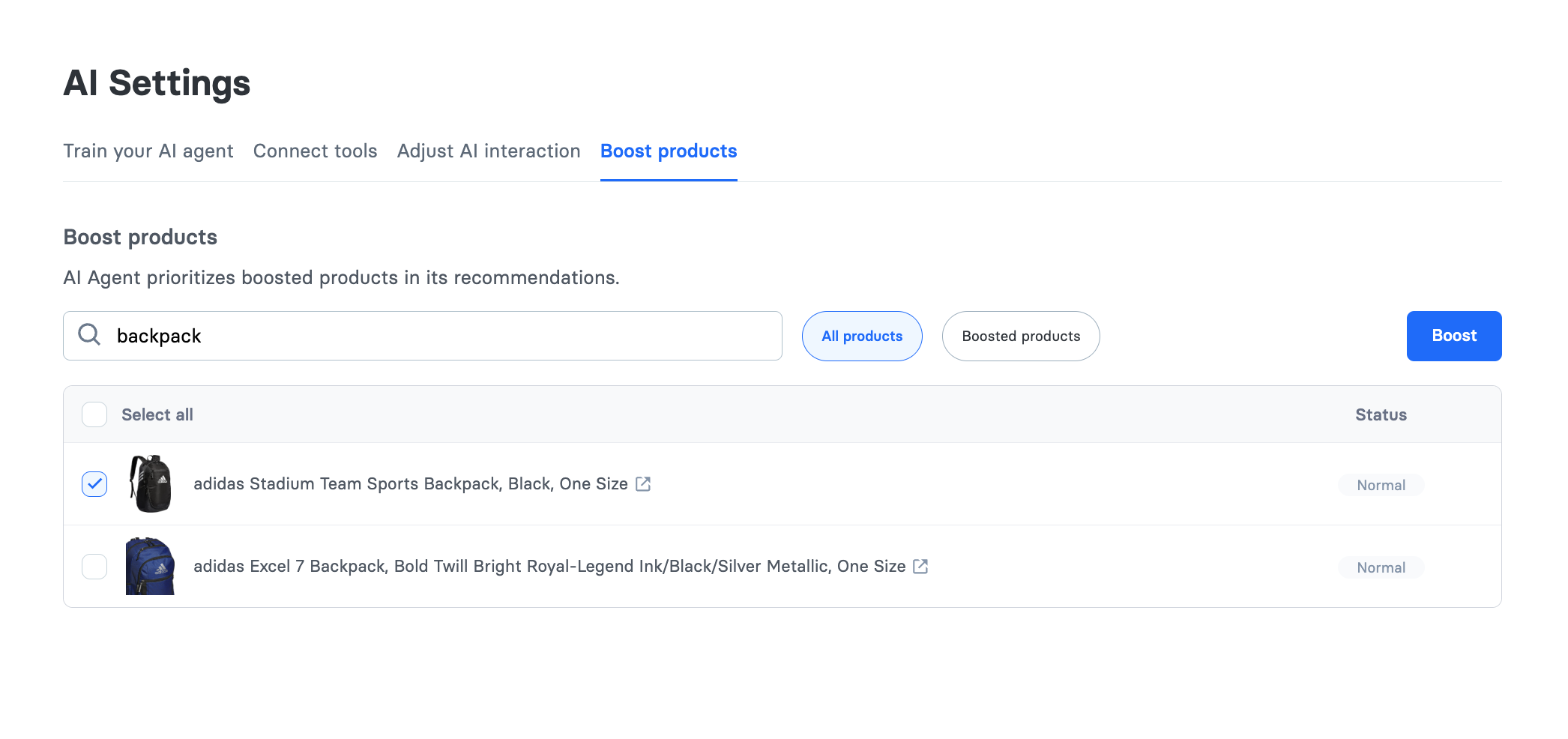 Search bar with 'backpack' typed in, showing filtered results with one selected