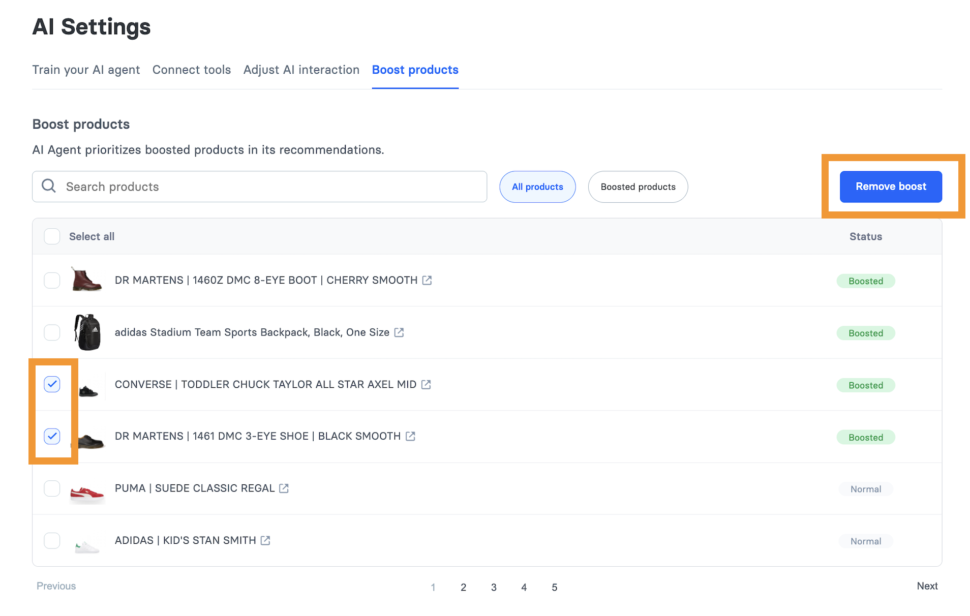 Boosted products selected with a 'Remove Boost' action visible