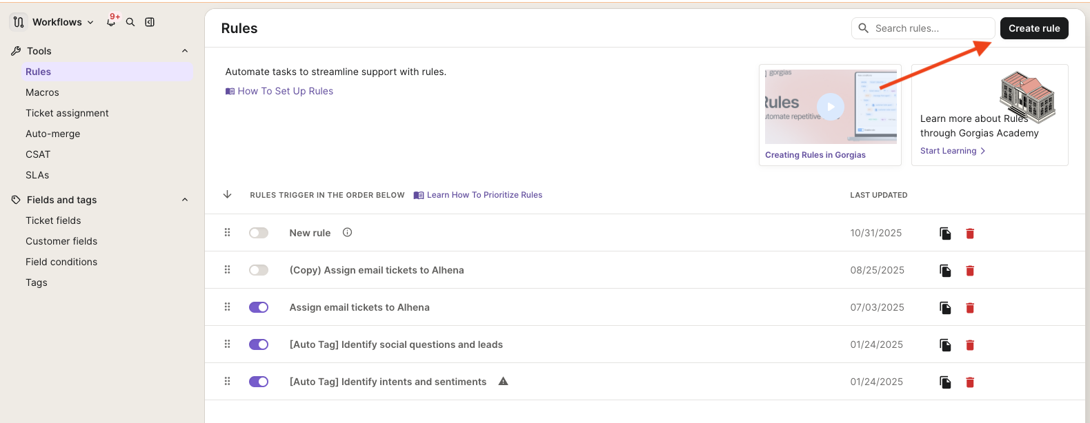 The Create rule button on the Gorgias Rules page