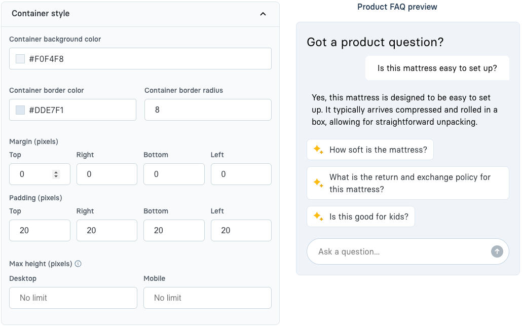 Container style settings with the Max height Desktop and Mobile fields, beside the Product FAQ preview