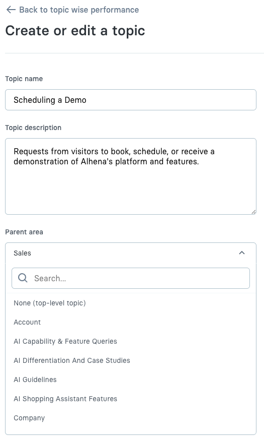 Edit form for the Scheduling a Demo topic with the Parent area dropdown open and Sales selected