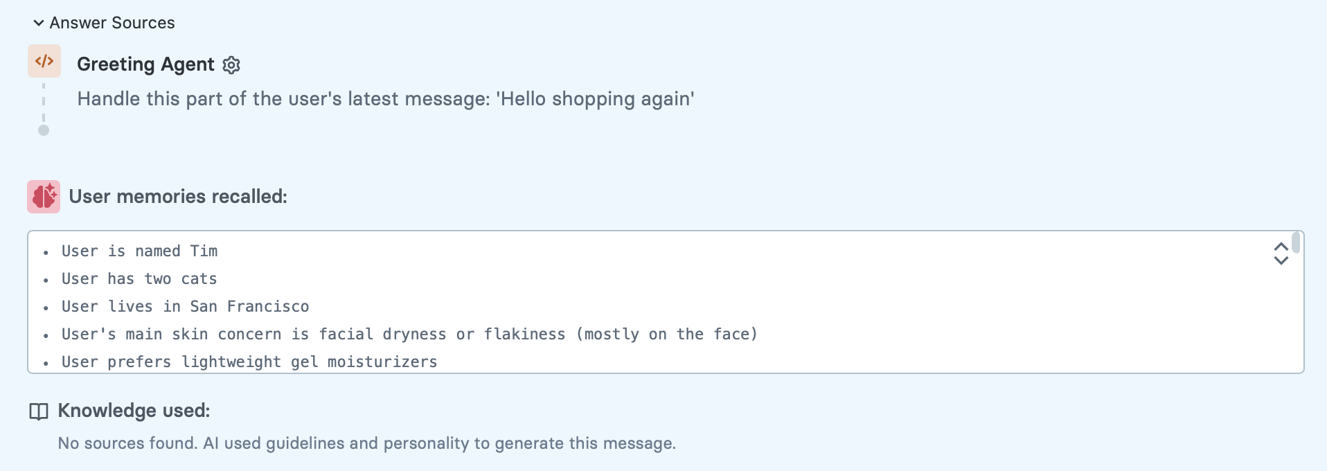 Answer Sources showing User memories recalled
