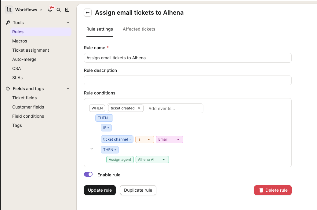 The Gorgias rule assigning email tickets to the Alhena AI agent