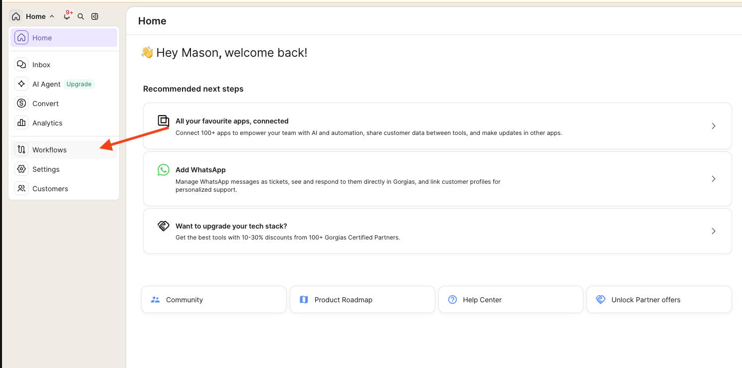 The Workflows item in the Gorgias left sidebar