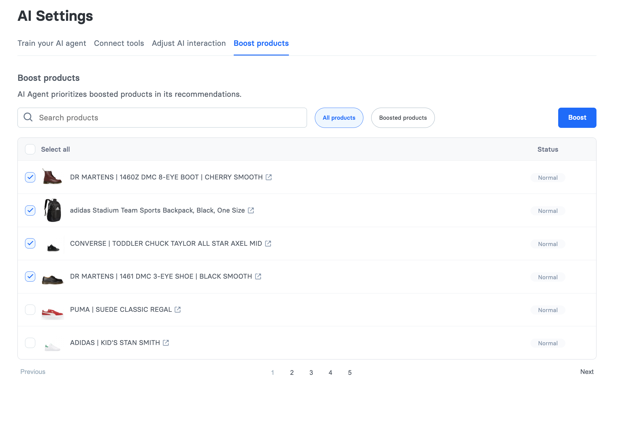 Checkboxes selected next to products for boosting