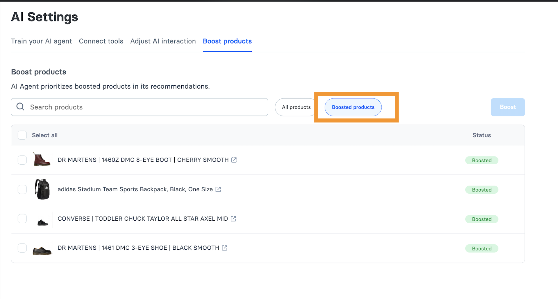 Screen showing only the products that have been boosted